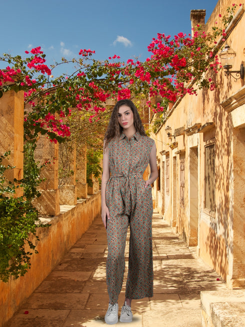 Jumpsuit with belt for Women's Greenish Multicolored Jumpsuit with Belt (OTL-JMS1004)